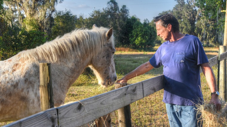 Veteran and first residential client Jay Hoffman appreciates the warmth of an equine nose