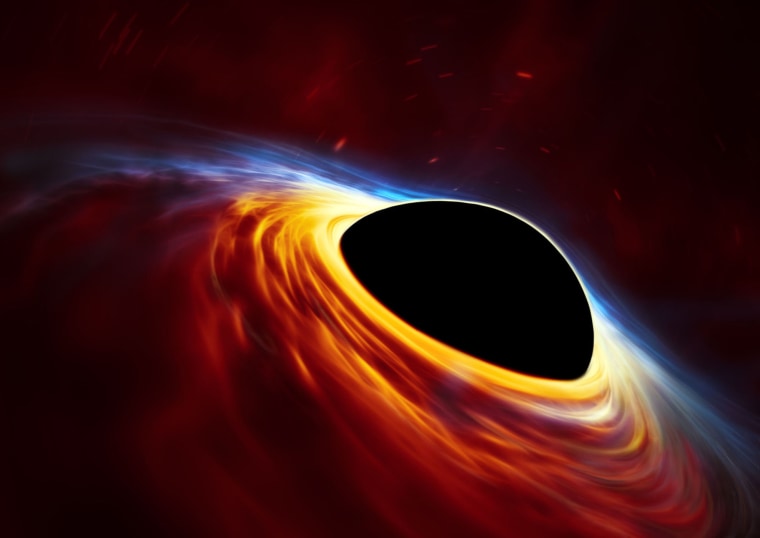 An artist's illustration of a spinning supermassive black hole surrounded by an accretion disk containing the remains of a star shredded by extreme gravitational tidal forces.