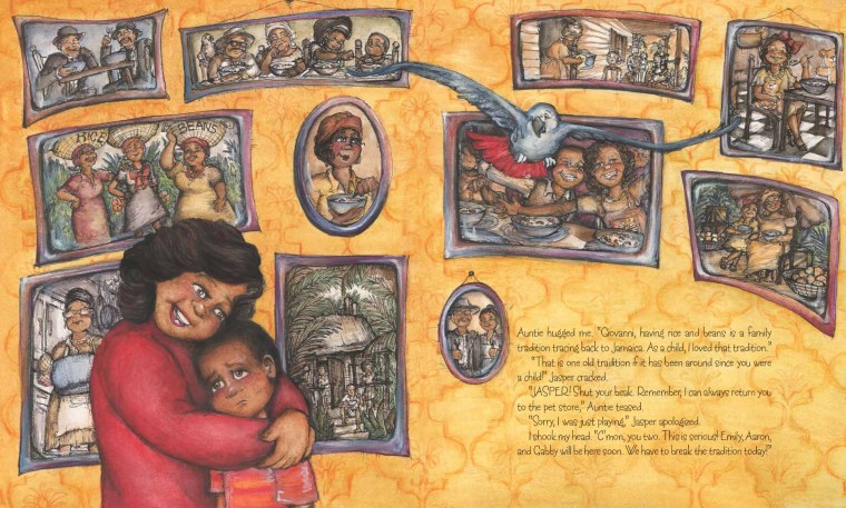 In the book, Giovanni, who is worried that his friends will tease him because of the food being served at his home, is comforted by his aunt. "Rice and Rocks" by Sandra L. Richards, illustrated by Megan Kayleigh Sullivan.