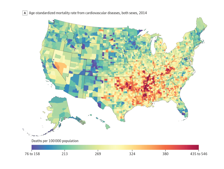 Age-standardized mortality rate from cardiovascular diseases, 2014.