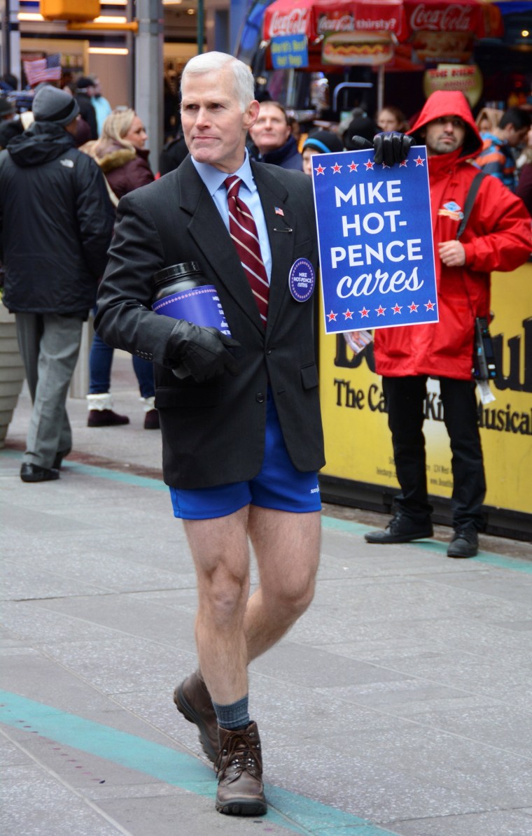 Image: Glenn Pannell, known as "Mike Hot-Pence", a look-alike for Vice President-elect Mike Pence, takes a collection LGBTQ rights causes in New York City on Dec. 3, 2016.