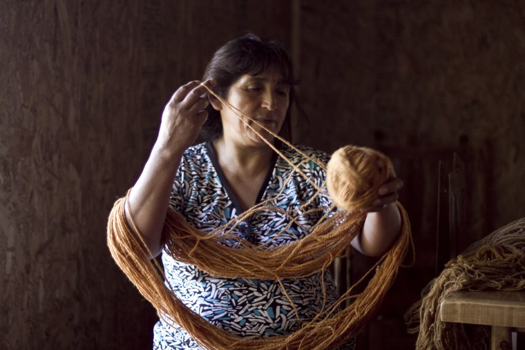 Oe of the Childean weavers with VOZ, the ethical fashion luxury brand working with indigenous South American artisans.