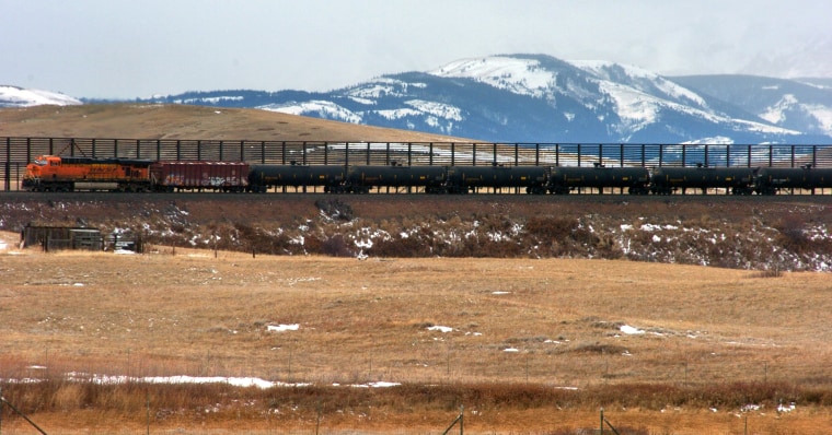 A train hauls oil into Glacier National Park near the Badger-Two Medicine National Forest in northwest Montana.