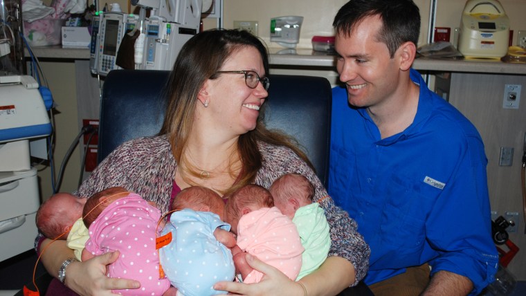 Margaret and Michael Baudinet welcomed their five firstborns.  The tiny miracles became the first set of quintuplets born at St. Joseph's in the hospital's 121-year history.