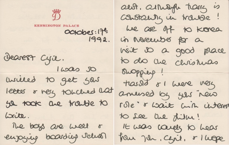 Princess Diana letters to her friend Cyril Dickman, a steward at Buckingham Palace.