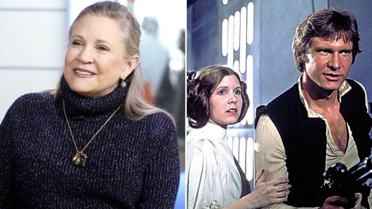 Carrie Fisher now and in Star Wars with Harrison Ford