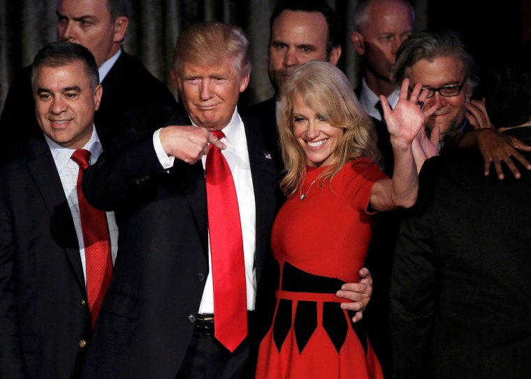 Image: Donald Trump and Kellyanne Conway pictured after his victory.