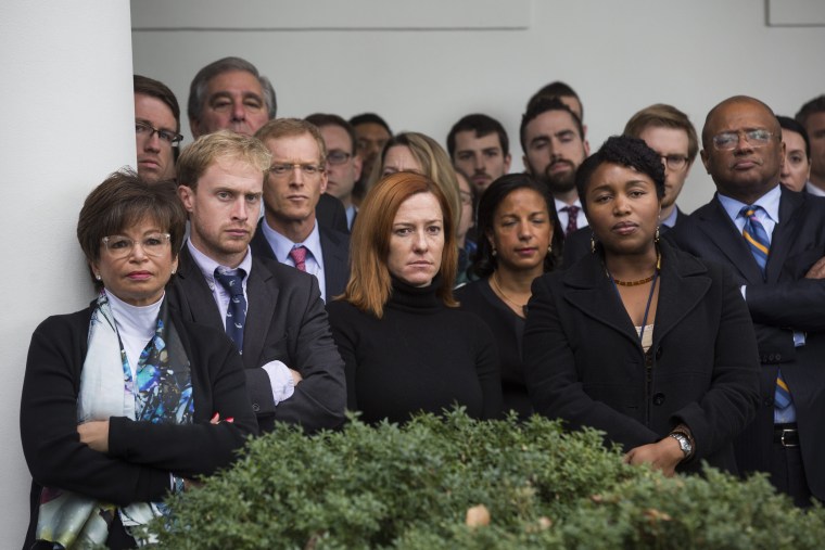 Image: White House staff members listen to President Barack Obama speak about Donald Trump's victory in the Rose Garden of the White House