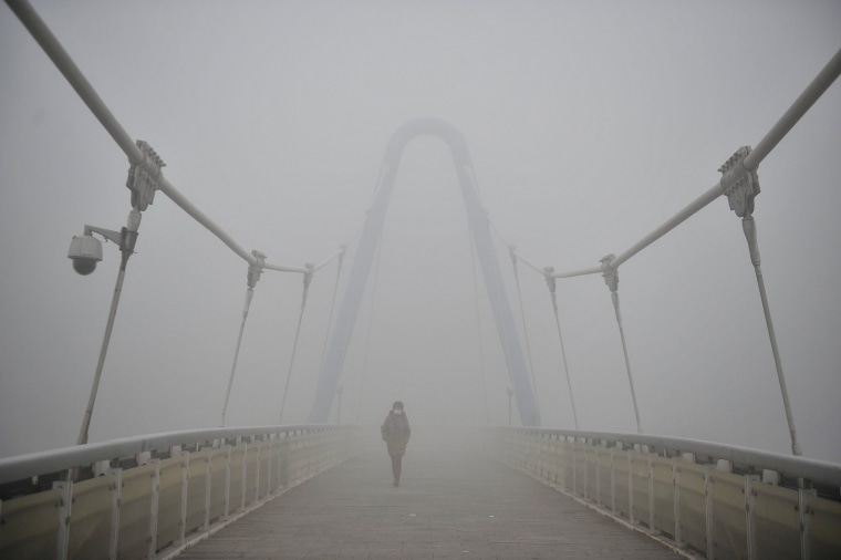 Image: A woman wearing mask walks along a bridge in smog during polluted day in Tianjin