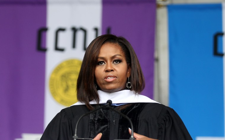 Image: First Lady Michelle Obama receives an honorary degree and gives the commencement speech at The City College of New York on June 3, 2016 in New York City.