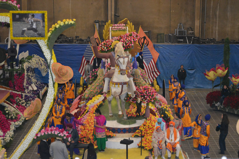 The Sikh-American float for the 2016 Rose Parade depicted the Punjabi harvest celebration of Vaisakhi with an image of a Sikh man with a beard and yellow turban riding a white horse.