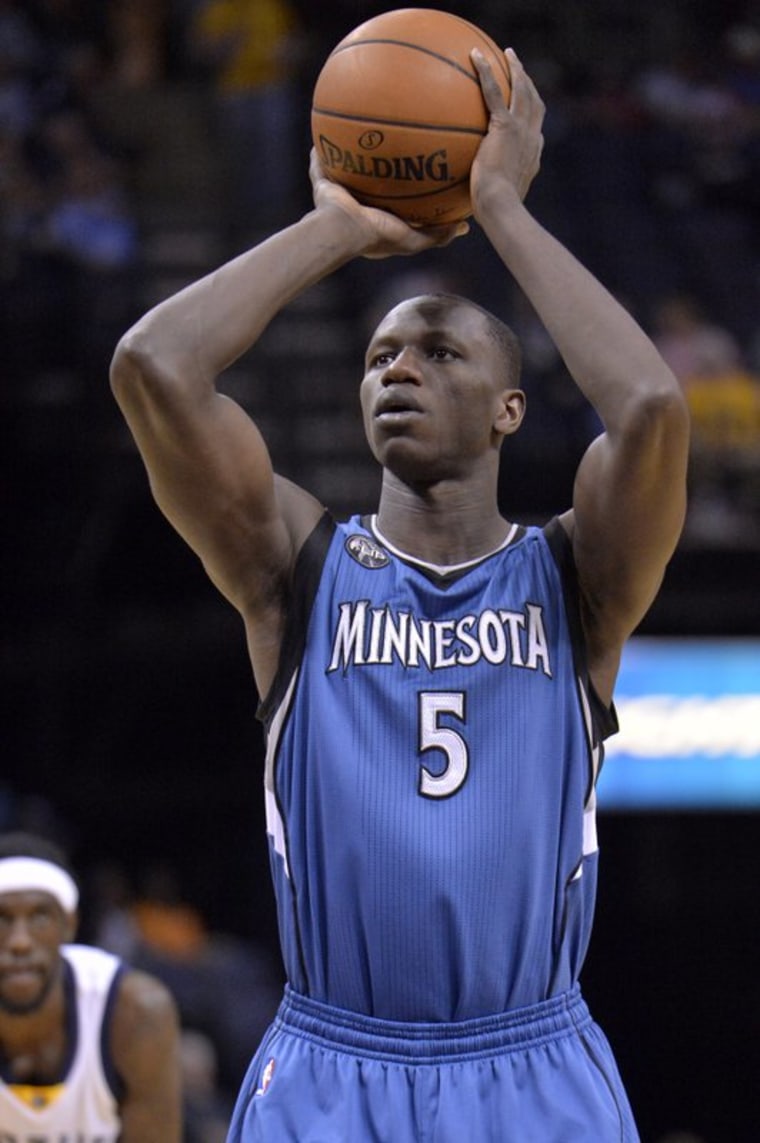 Minnesota Timberwolves, Gorgui Dieng, from Senegal plays in the first half of an NBA basketball game in Memphis, Tenn.