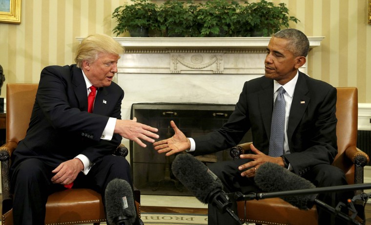Image: U.S. President Barack Obama meets with President-elect Donald Trump in the Oval Office of the White House in Washington