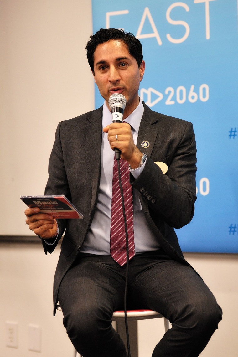 Maulik Pancholy discussing the "#ActToChange" album at Fast Forward 2060 event in Washington, D.C.