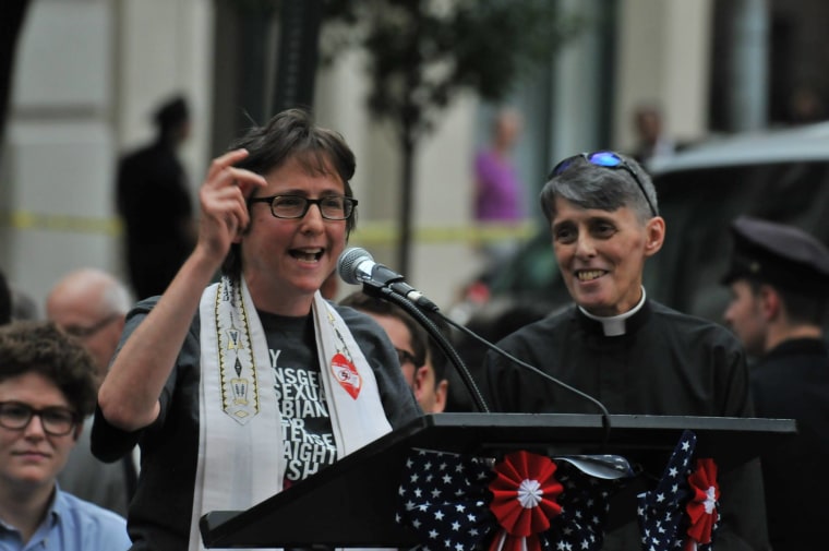 Rabbi Kleinbaum with Rev. Pat Bumgardner speaking at Stonewall.