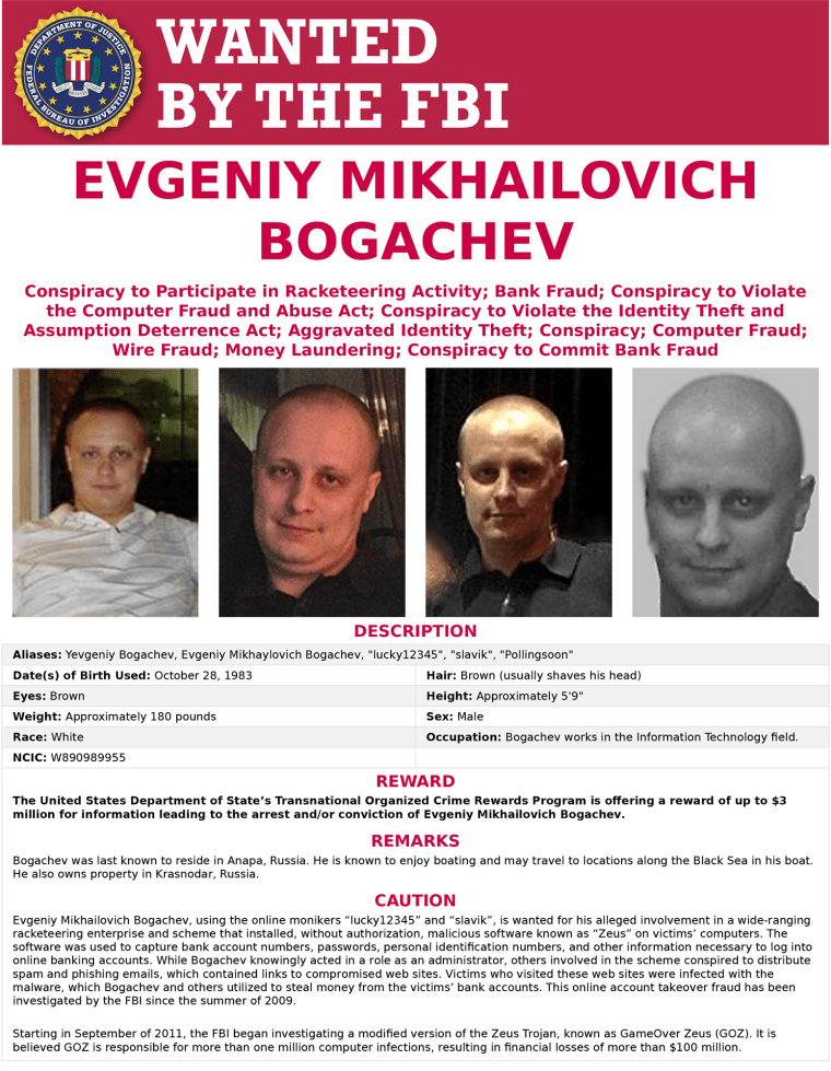 An FBI wanted poster for an alleged hacker who is now a target of U.S. sanctions.