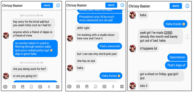 Text messages between Michael-Jon Matthew Hickey posing as "Chrissy Baaten" and a target.