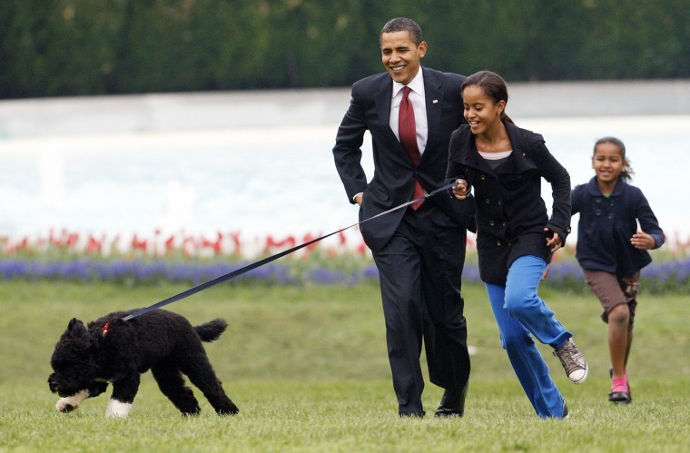 Malia Obama runs with Bo, followed by her dad and sister, Sasha, on the South Lawn of the White House on April 14, 2009.
