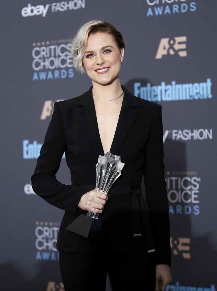 Evan Rachel Wood poses with her award during the 22nd Annual Critics' Choice Awards in Santa Monica.