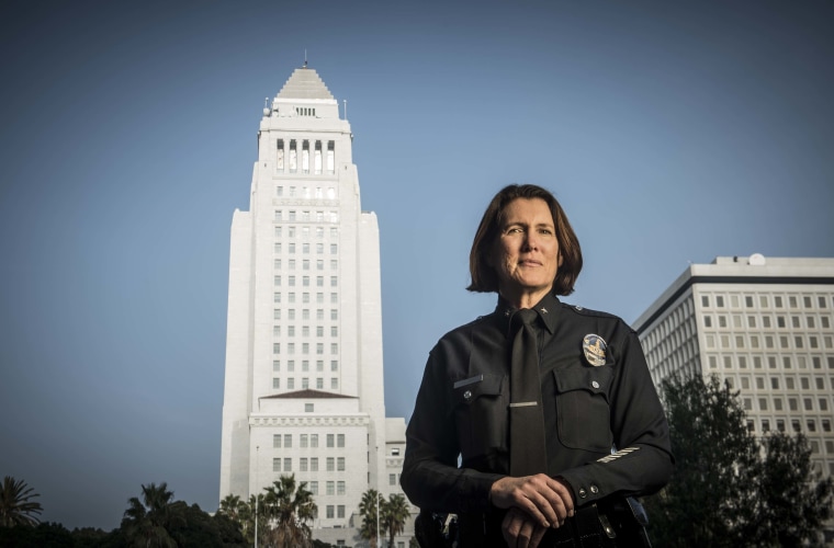 Los Angeles Police Department Commander Anne Clark in front of Los Angeles City Hall. Clark is the first Latina to ever hold the position with the LAPD.