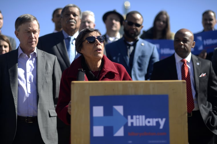 State senator Lucia Guzman speaks on in favor of Hillary Clinton during a press conference, February 25, 2016.  
