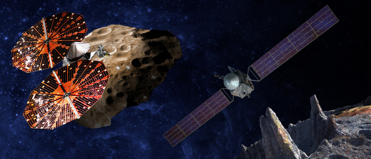 Image: Artist's illustration of the Lucy spacecraft flying by the Trojan asteroid Eurybates. Trojans are fossils of planet formation and so will supply important clues to the earliest history of the solar system.
