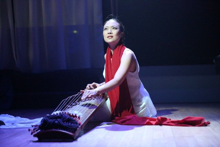 Experimental vocalist, composer, multi-instrumentalist, and dancer Jen Shyu performing "Song of Silver Geese," a multilingual, ritual music drama composed for her band Jade Tongue, dancer Satoshi Haga, and Mivos Quartet.