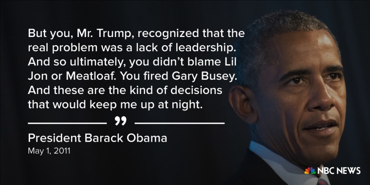 But you, Mr. Trump, recognized that the real problem was a lack of leadership. And so ultimately, you didn't blame Lil Jon or Meatloaf. You fired Gary Busey. And these are the kind of decisions that would keep me up at night"