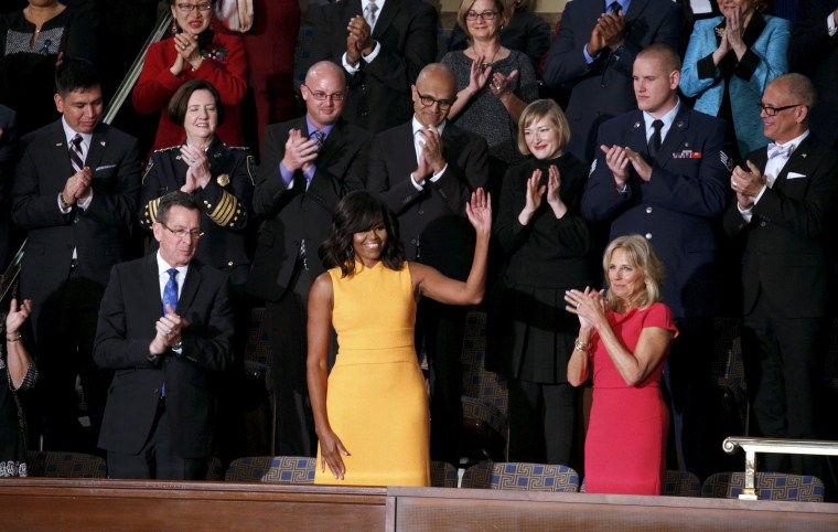 Image: First lady Michelle Obama waves from her box in the gallery while attending U.S. President Barack Obama's State of the Union address to a joint session of Congress in Washington, D.C., on Jan.12, 2016.