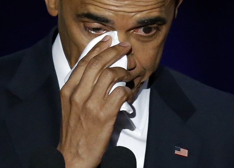 Image: President Barack Obama wipes his tears as he speaks at McCormick Place in Chicago.