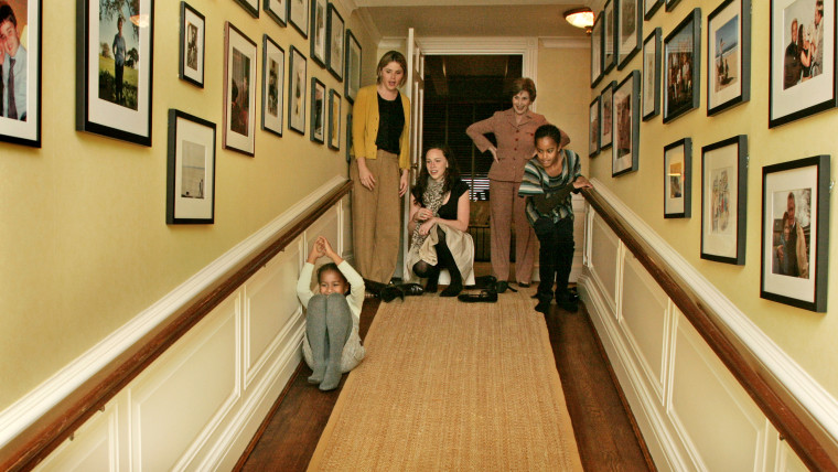 Laura Bush, Jenna Hager and Barbara Bush welcome Malia and Sasha for a tour of the White House. 