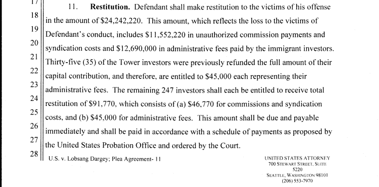 An excerpt from court documents detailing restitution to be paid by Dargey.