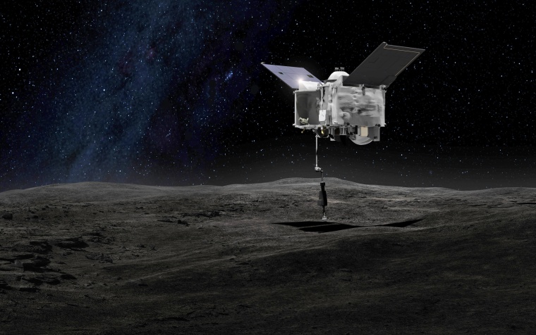 This artist's rendering shows the OSIRIS-REx spacecraft collecting a sample from the asteroid Bennu using a mechanical arm to touch the asteroid's surface.