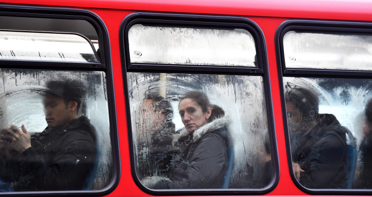 Image: Commuters are seen on a bus on London Bridge on Jan. 9 during a 24-hour tube strike.
