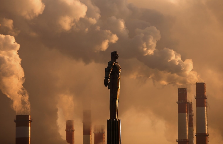 Image: Steam rises from chimneys of a heating power plant near a monument of Soviet cosmonaut Yuri Gagari with the air temperature at about minus 17 degrees Celsius (1.4 degrees Fahrenheit), during sunset in Moscow, Russia on Jan. 9.