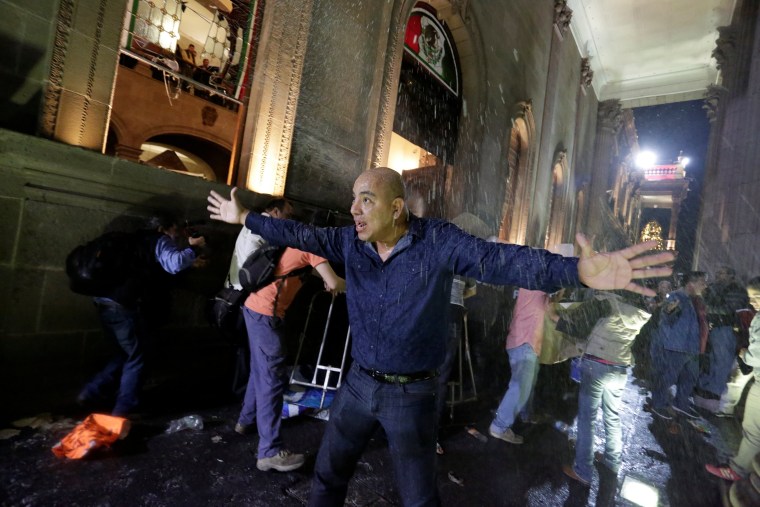 Image: Man urges fellow demonstrators to calm down as they vandalise the Government Palace 