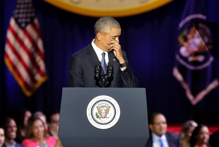 Image: President Obama cries as he speaks during his farewell address in Chicago, Illinois on Jan. 10.