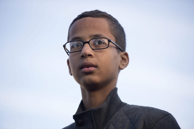 Image: Ahmed Mohamed, a 14-year-old student from Irving, Texas, who was arrested after he brought a homemade clock to his high school to show his teachers and was later accused of having a bomb. He is seen here on Oct. 20, 2015 in Washington, D.C.