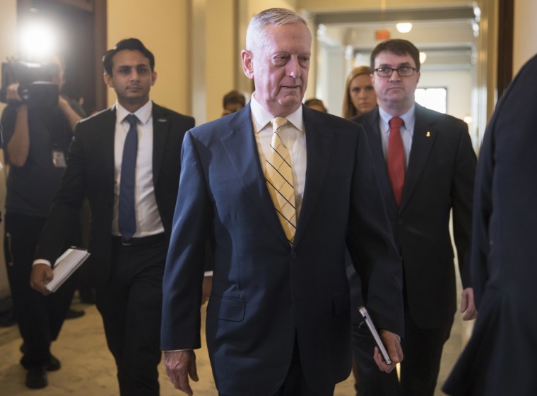 Image: Defense Secretary-designate, retired Marine Corps Gen. James Mattis, arrives for a meeting with Senate Armed Services Committee member Sen. Kirsten Gillibrand on Jan. 4, 2017, on Capitol Hill in Washington, D.C.