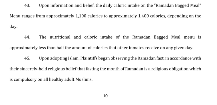 An excerpt of court documents detailing Ramadan meals previously provided by the Michigan Department of Corrections.