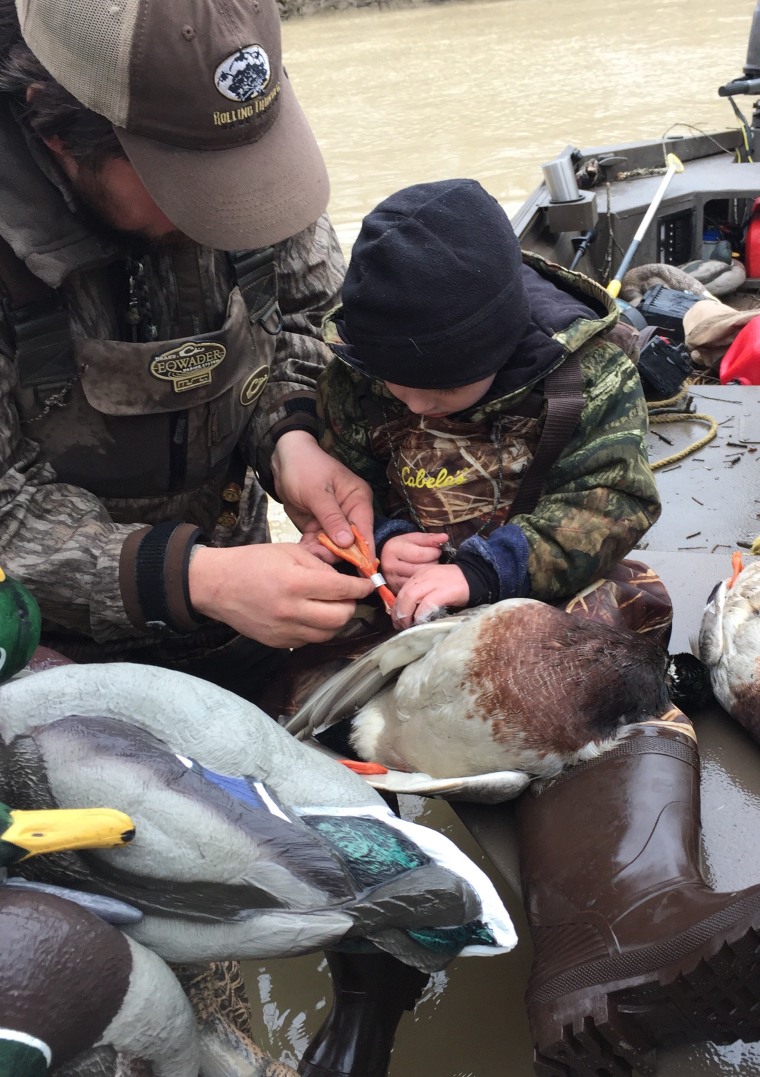 On Tripp's first hunt, he was gifted with the band from the leg of a duck shot by Halford's friend, Jared Tidmore.