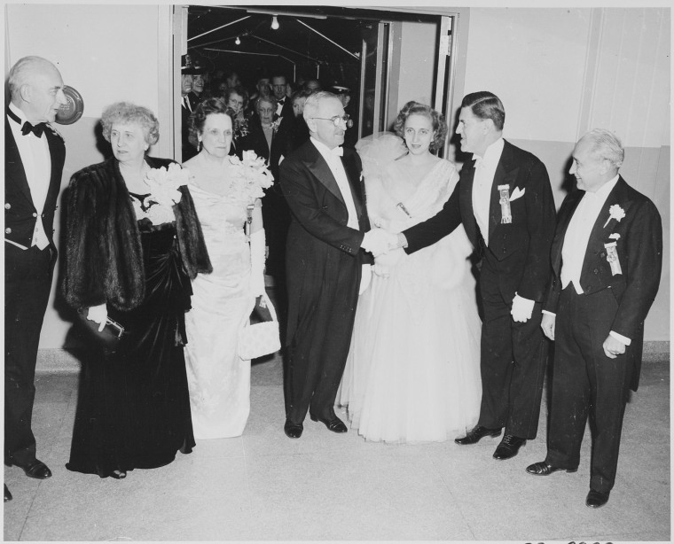 First lady Bess Truman, far left, celebrates President Truman's inauguration with her daughter and the ball's co-chairs.