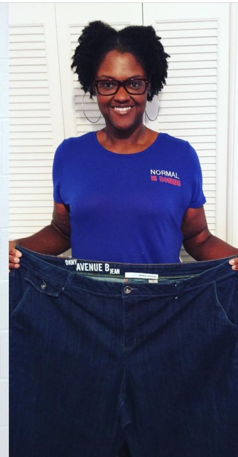 When Natasha Glaspy feels frustrated with plateaus, she tries on a pair of her old jeans to see how far she's come in her weight loss.