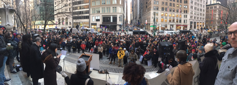 A view of the Jan. 15 Writers Resist reading hosted on the steps of the New York Public Library.