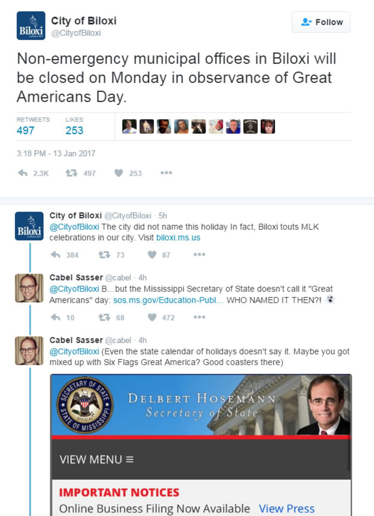 Image: City of Biloxi's tweet that declared Monday "Great Americans Day" instead of Martin Luther King Jr. Day.