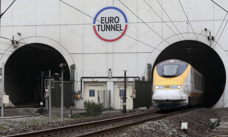 Image: A Eurostar passenger train exits the Channel Tunnel in Calais, France