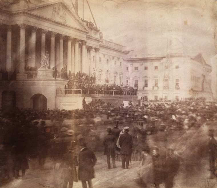 Image: President James Buchanan at the east front of the U.S. Capitol during his March 1857 inauguration, the first inauguration known to have been photographed.