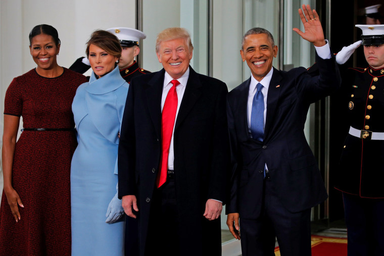 Image: The Obamas greet the Trumps for tea before the inauguration at the White House in Washington