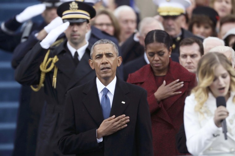 Image: Former president Barack Obama and former First Lady Michelle Obama listen during the national anthem during inauguration ceremonies swearing in Donald Trump as the 45th president of the United States on the West front of the U.S. Capitol in Washing