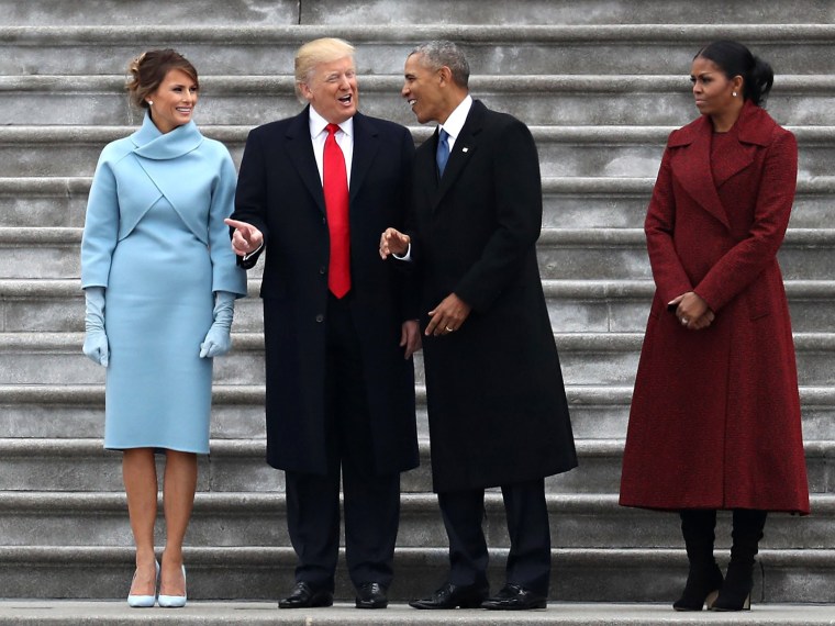 Image: President Donald Trump and former president Barack Obama stand on the steps of the U.S. Capitol with First Lady Melania Trump and Michelle Obama on Jan. 20 in Washington, D.C.